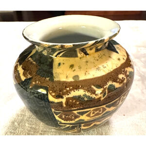 Southwestern Glazed Ceramic Vase Handcrafted Small 6" brown green neutral decor